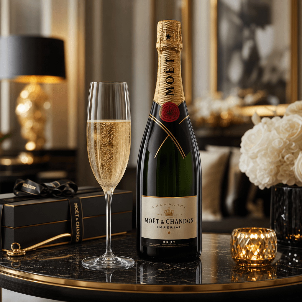 Champagne bottle with flute, celebration moment, luxury interior background, soft diffused lighting, premium presentatio