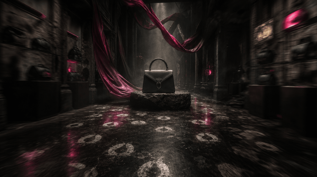 An atmospheric luxury store aisle transformed by hoofprint patterns, drifting dust, fabric banners, and controlled motio