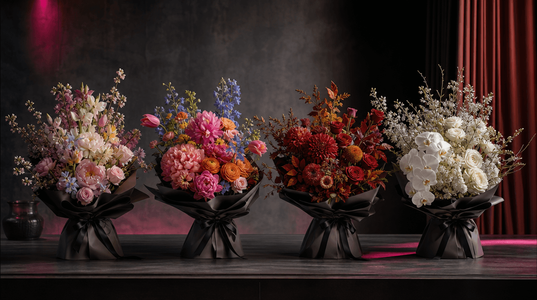 Four coordinated bouquets arranged across a long dark studio table, each using a different seasonal palette while sharin