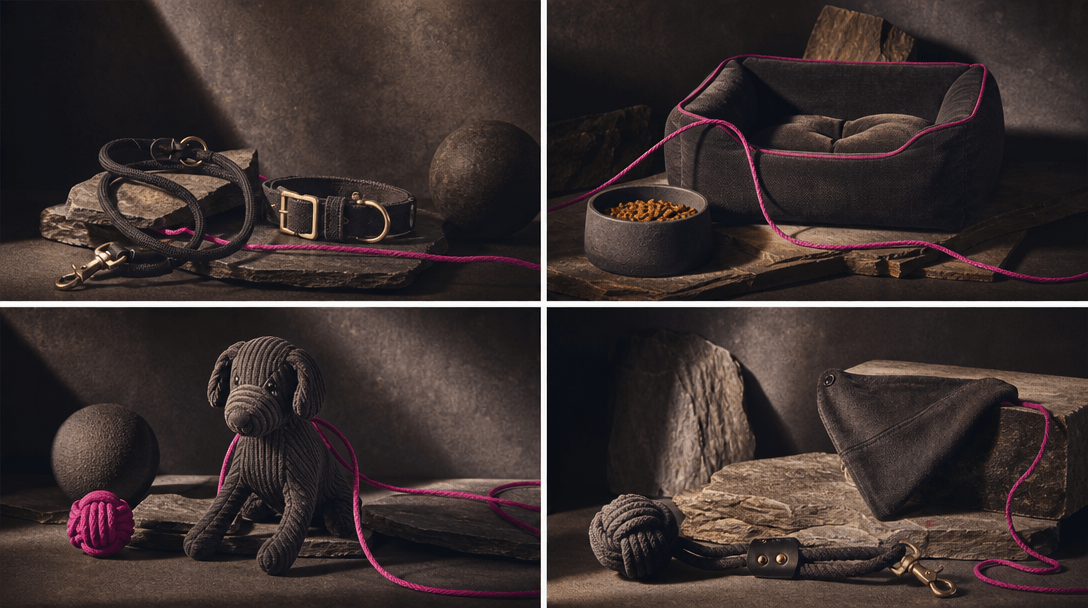 Four coordinated pet product arrangements connected by the same charcoal backdrop, warm spotlight, sculpted stone, and h