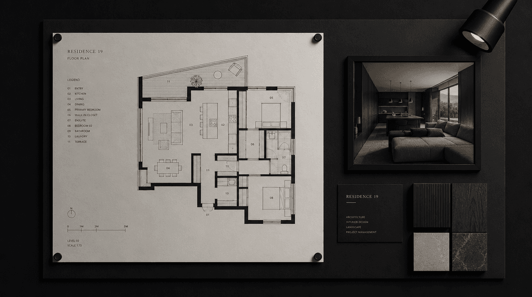 A sleek architectural floor plan document pinned to a dark editorial presentation board alongside a small framed photore