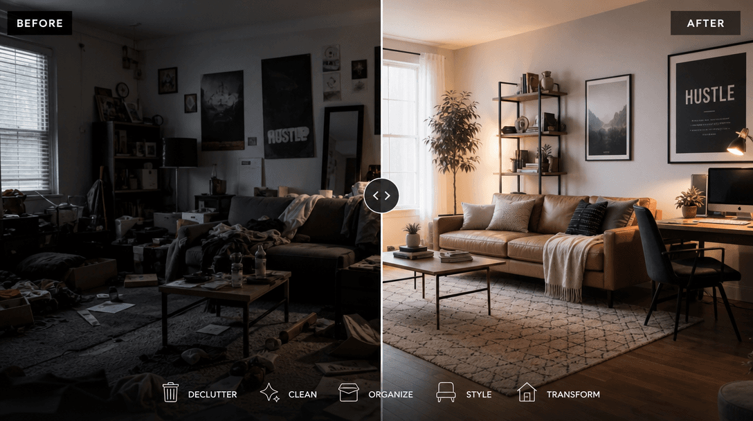 Dynamic before-and-after video transition. Room gradually becomes organized, clutter fades, light appears, styling comes