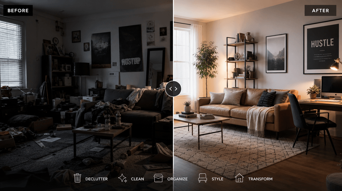 Dynamic before-and-after video transition. Room gradually becomes organized, clutter fades, light appears, styling comes