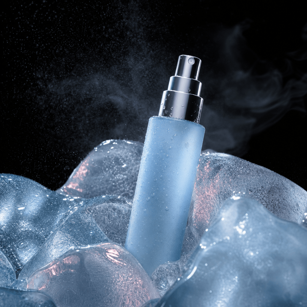 A pale blue facial mist bottle emerging from a cluster of rounded ice forms and sparkling droplets, frozen atmosphere wi
