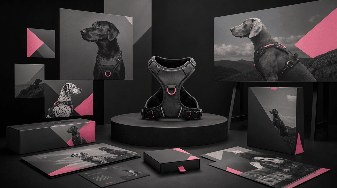 A premium pet product centered on a dark platform while square campaign images, printed cards, packaging surfaces, and b
