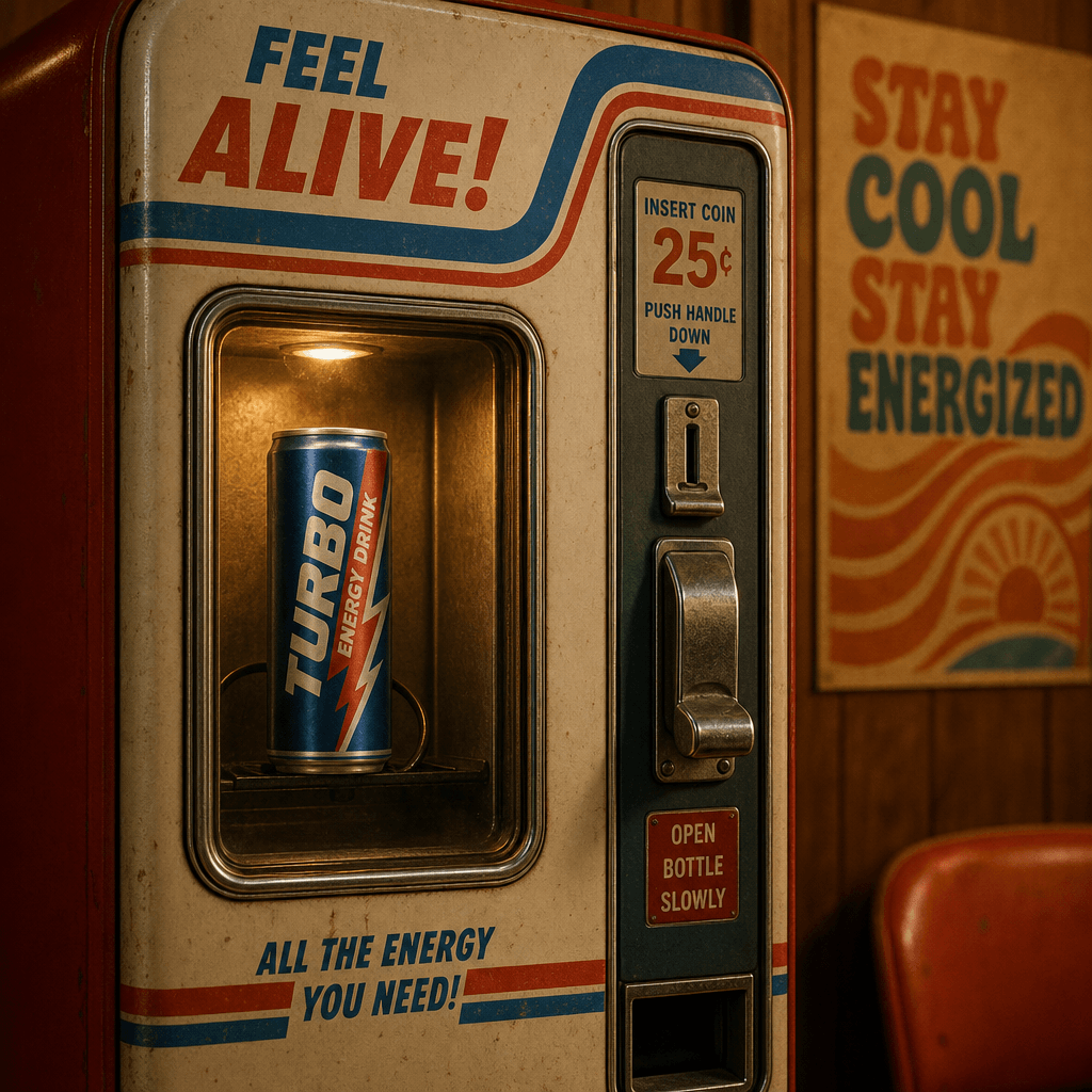 Can of energy drink positioned in vintage 70s vending machine, warm nostalgic lighting, red and blue design elements, re