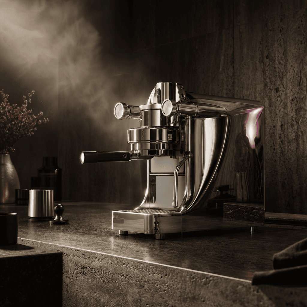 A sculptural espresso machine on a dark travertine kitchen counter, warm steam catching a narrow beam of cinematic light
