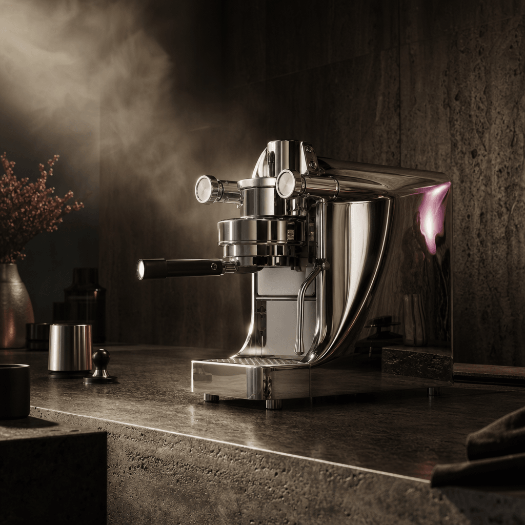 A sculptural espresso machine on a dark travertine kitchen counter, warm steam catching a narrow beam of cinematic light
