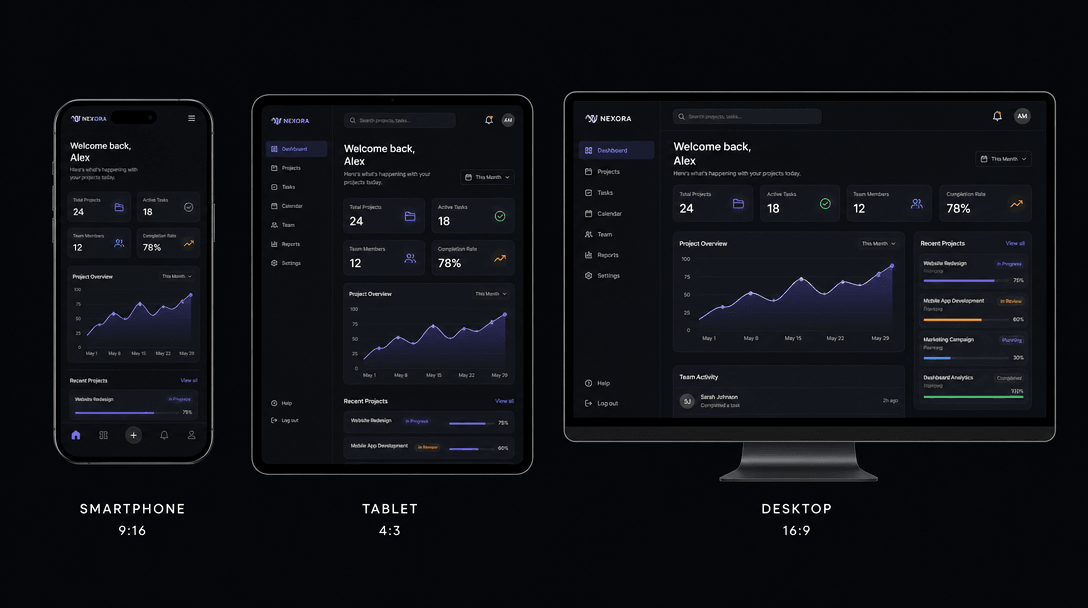 Split-screen composition displaying same sleek interface across three device frames: smartphone (9:16), tablet (4:3), an