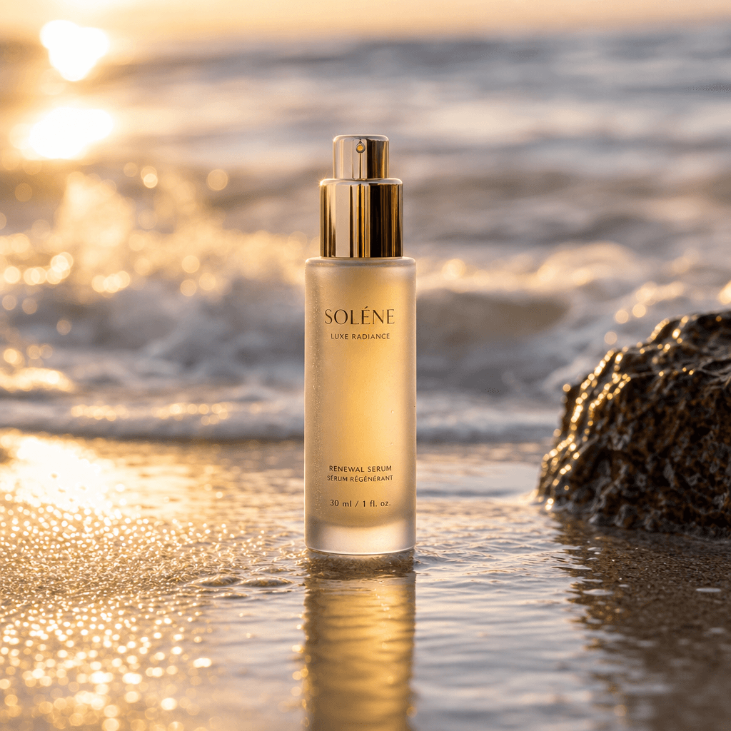 A sleek cosmetic bottle (luxury skincare serum) on wet beach sand with ocean spray bokeh. Shallow water reflects golden