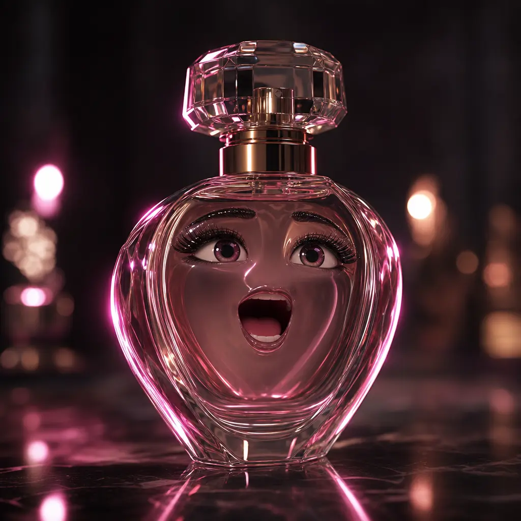 A glass perfume bottle with an animated speaking expression caught at peak mouth-open moment, cinematic soft bokeh backg