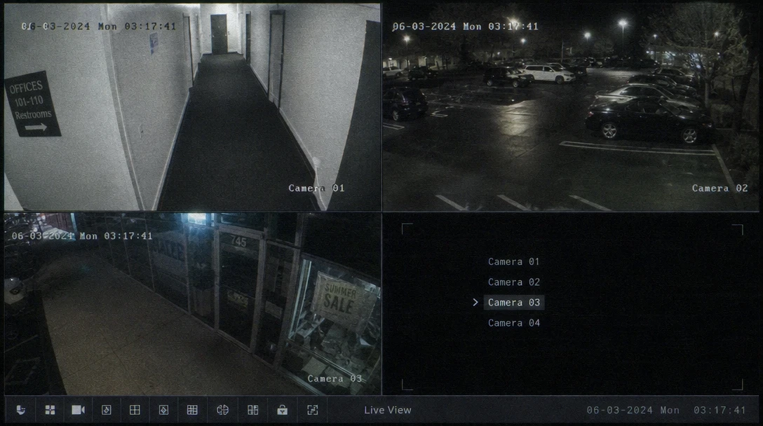 Transition between multiple security camera perspectives (office hallway, parking lot, storefront), each with glowing ti