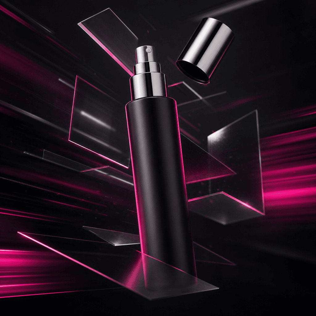 A sleek haircare bottle and chrome cap arranged in a dramatic product drop composition, surrounded by thin floating rect