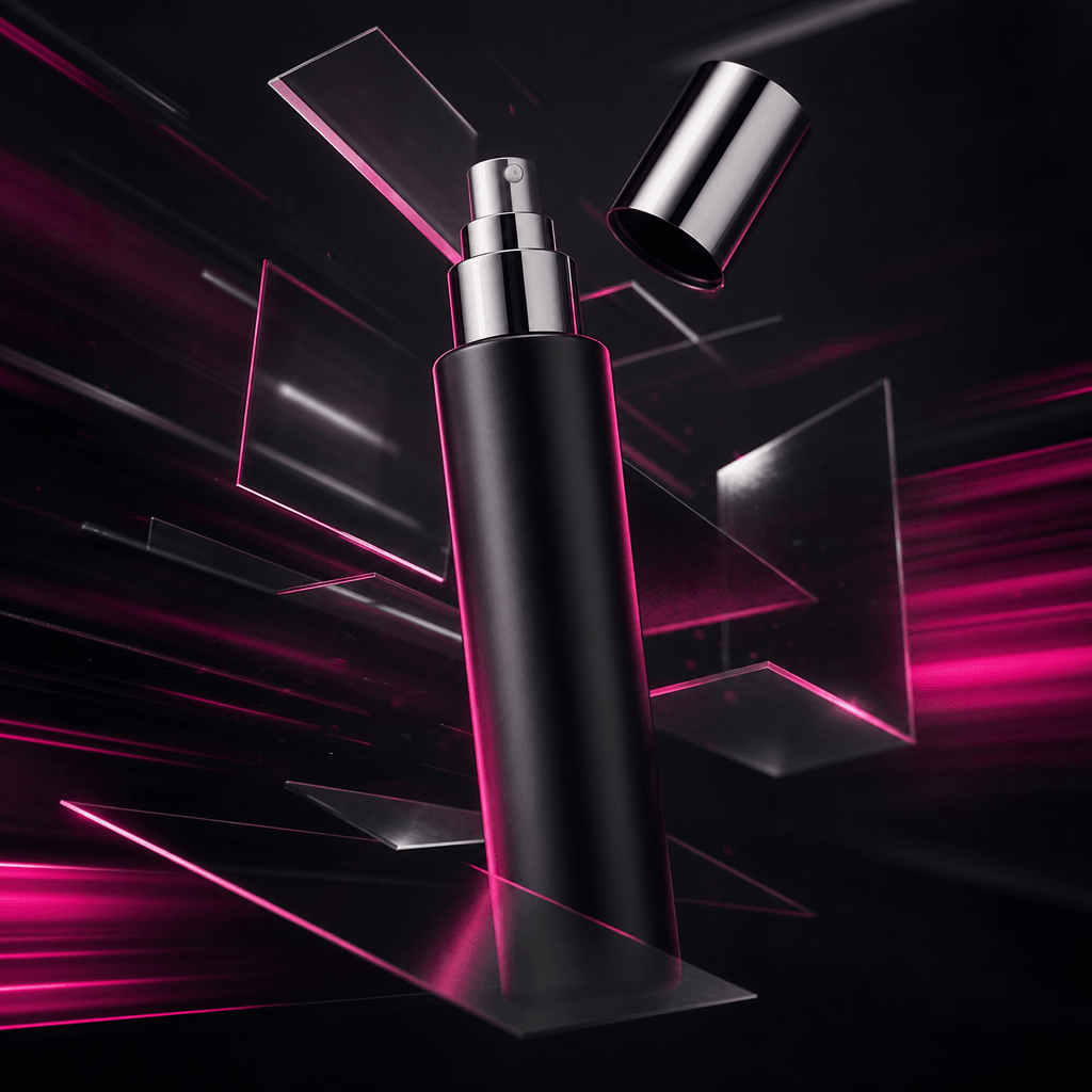 A sleek haircare bottle and chrome cap arranged in a dramatic product drop composition, surrounded by thin floating rect
