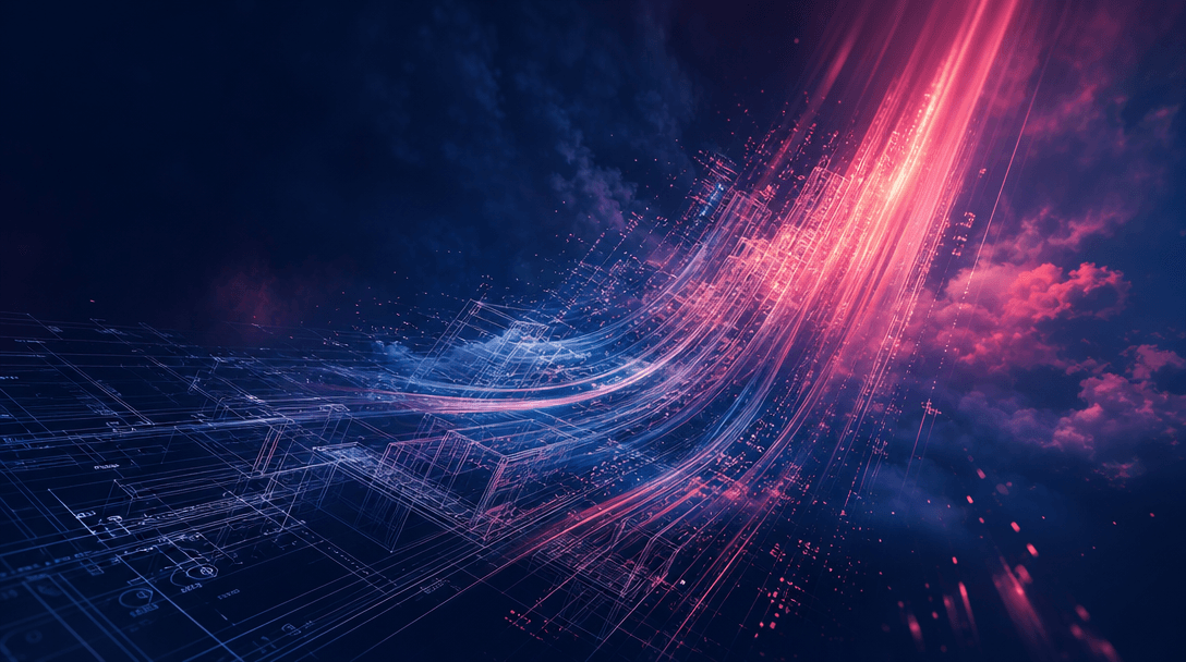 Abstract digital scene: flowing architectural blueprint lines morphing into vibrant ascending motion trails and light pa