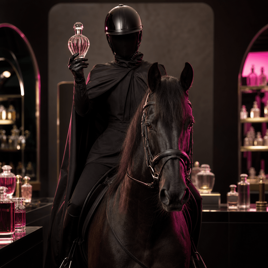 Square beauty campaign in a refined cosmetics boutique, an anonymous rider on horseback holding a sculptural perfume bot