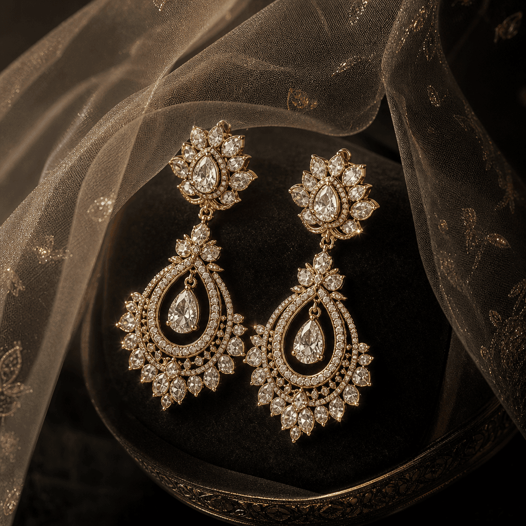 Showcase a pair of earrings with a soft veil draped over them, highlighting their shine and craftsmanship. Use dramatic
