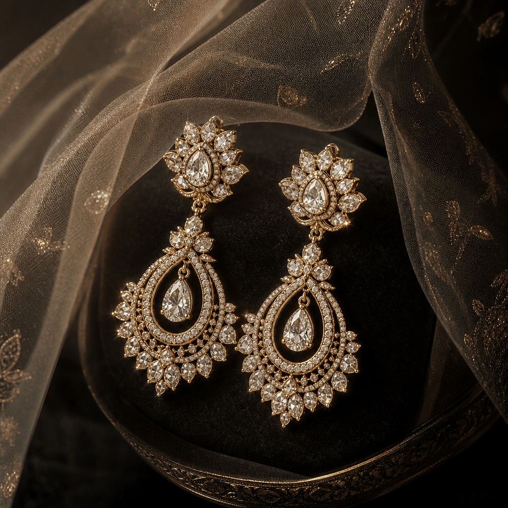 Showcase a pair of earrings with a soft veil draped over them, highlighting their shine and craftsmanship. Use dramatic