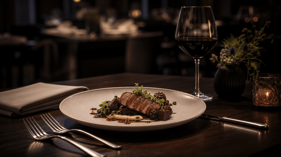 Fine dining plated dish on dark wood table with wine glass, folded napkin, and silver cutlery arranged professionally. M