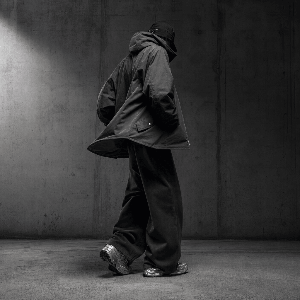 Editorial streetwear try-on portrait of an anonymous model turning in an oversized charcoal jacket, wide-leg trousers, a
