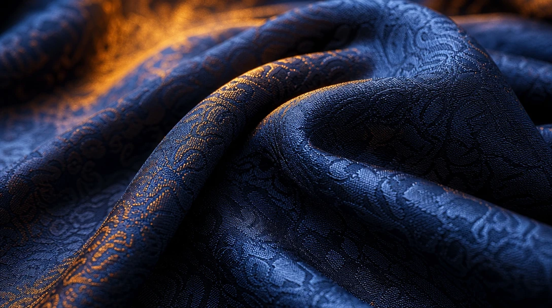 Fabric texture close-up with professional lighting, luxury material showcase, shallow depth of field, warm amber and coo