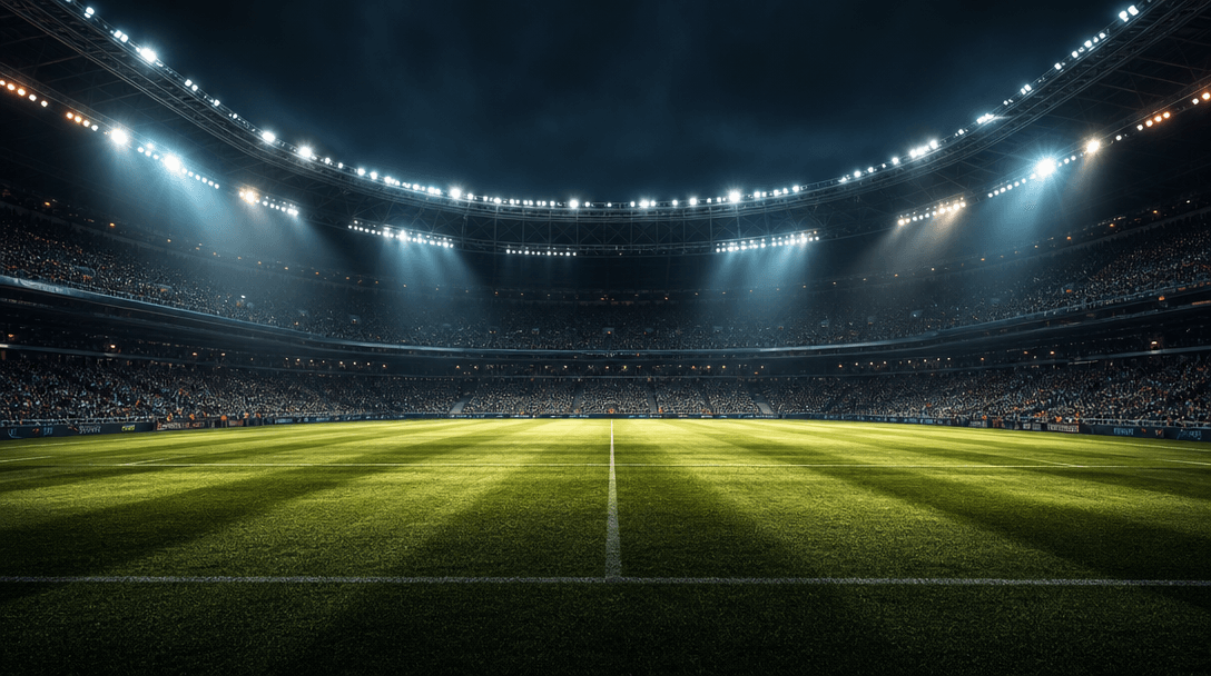 Professional broadcast stadium lighting rig creating dramatic shadows and highlights on grass surface. Depth and dimensi