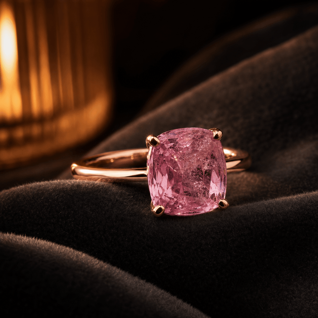 A rose gold ring set with a cushion-cut pink sapphire resting on dark charcoal velvet. Warm candlelight-style illuminati