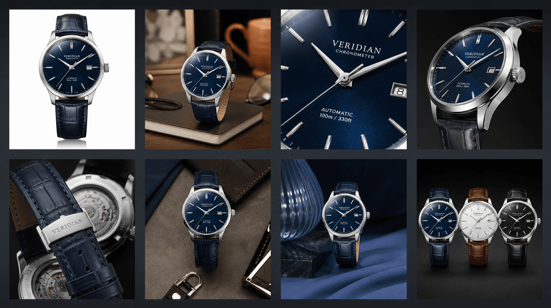 Product photography variations: same premium product shown in eight different compositions (studio white, lifestyle scen
