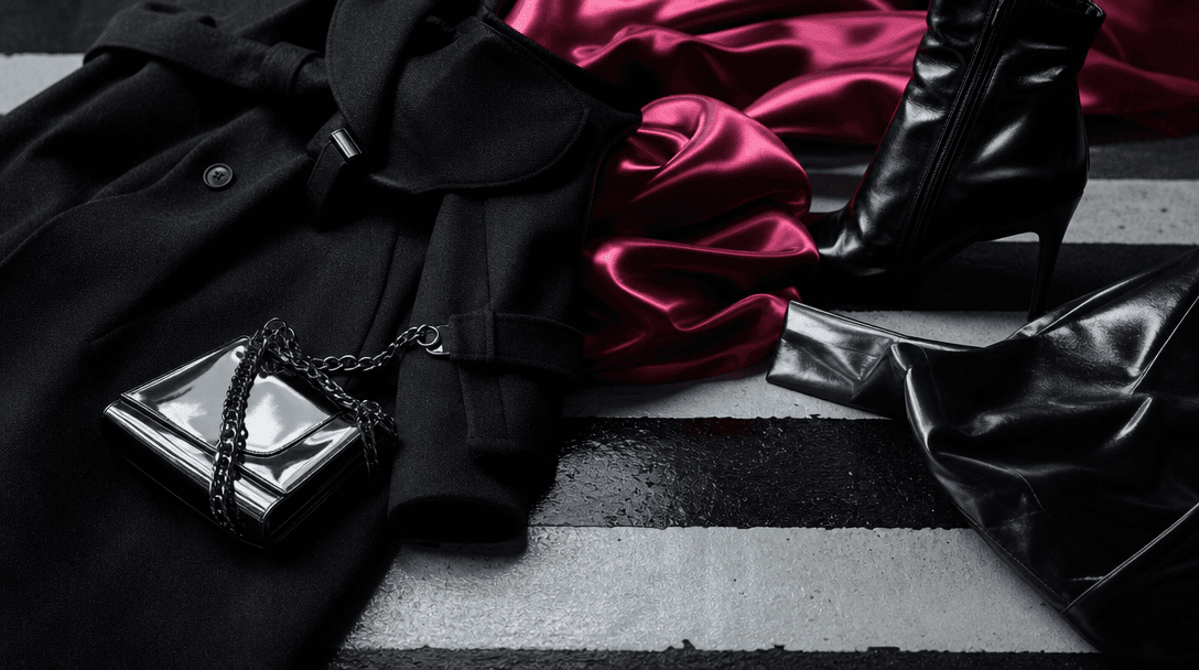 Close editorial study of luxury fashion materials in motion: tailored black wool, metallic accessories, polished leather