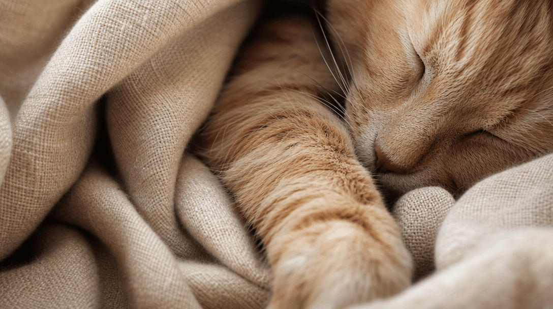 Soft textured fabric and cat fur close-up with natural warm lighting, depth of field, tactile luxury feeling.
