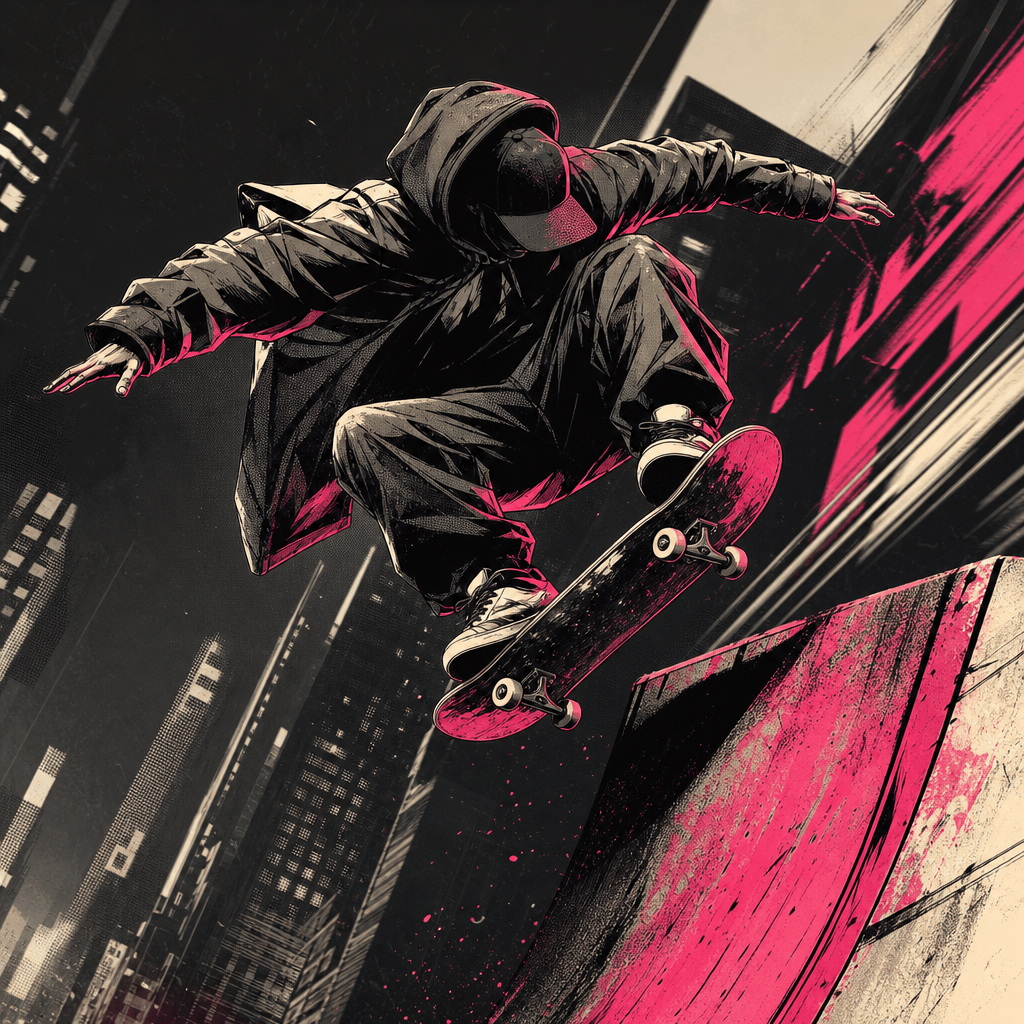 A non-recognizable skateboarder transformed into a dynamic graphic comic character, frozen mid-motion above a city ramp.