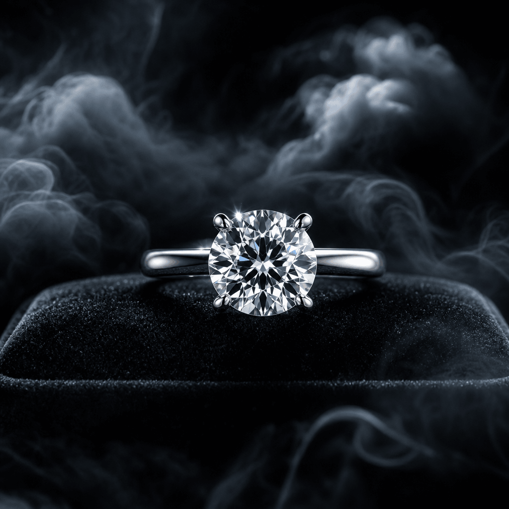 A diamond solitaire ring on dark velvet, surrounded by wisps of silver cloud and atmospheric mist drifting slowly across