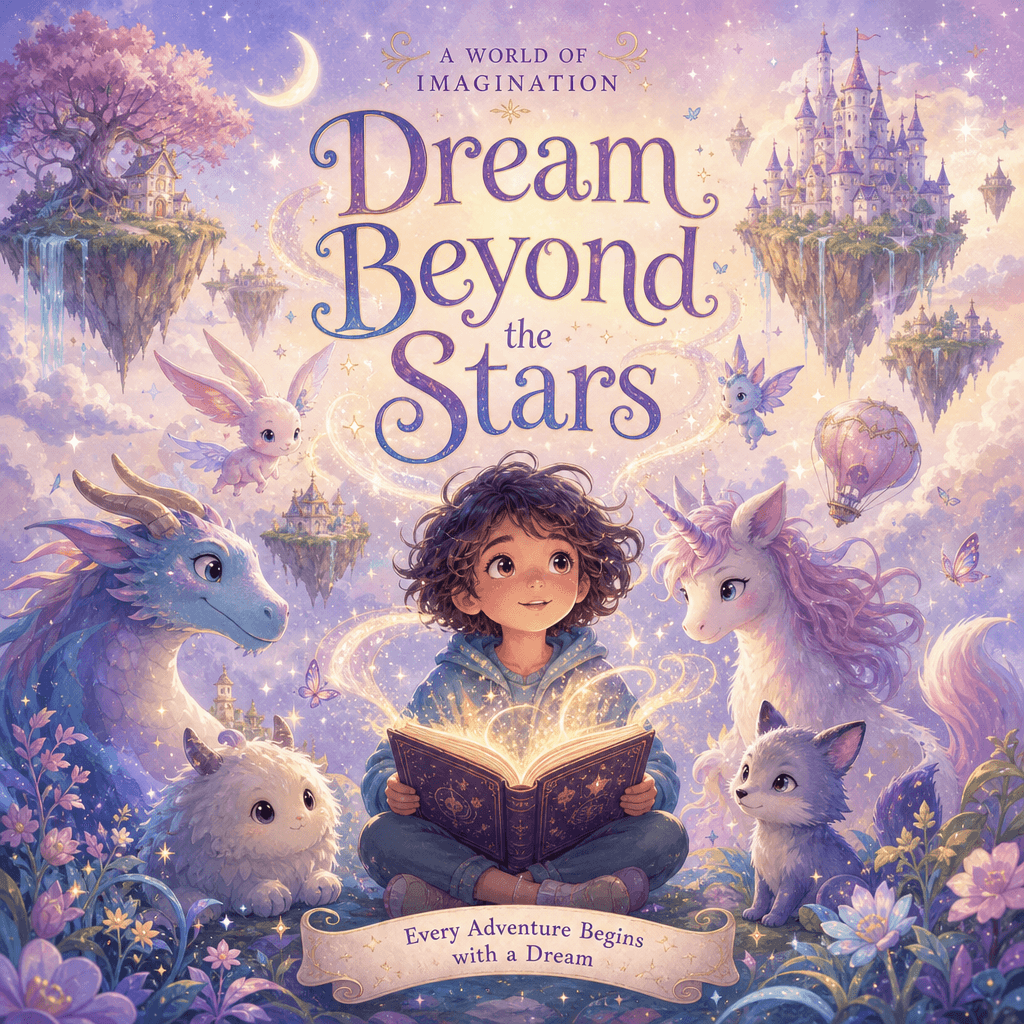 Magical whimsy cover: Child surrounded by fantastical creatures, floating islands, and magical elements. Pastel color pa