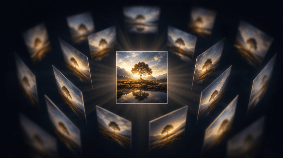 Abstract visualization of intelligent perspective generation: a single central image surrounded by soft-focus variations