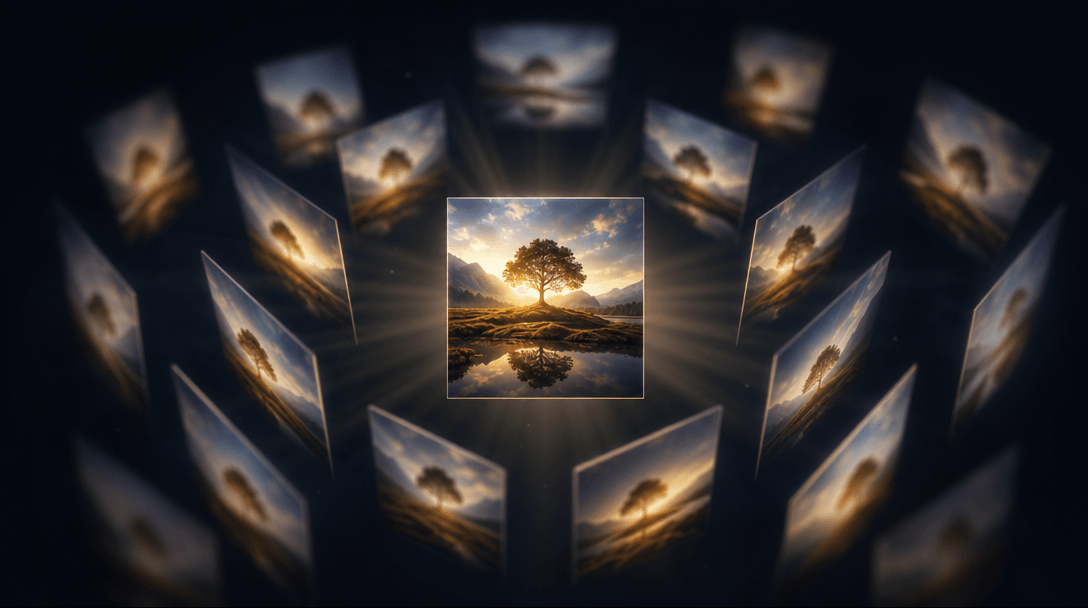 Abstract visualization of intelligent perspective generation: a single central image surrounded by soft-focus variations