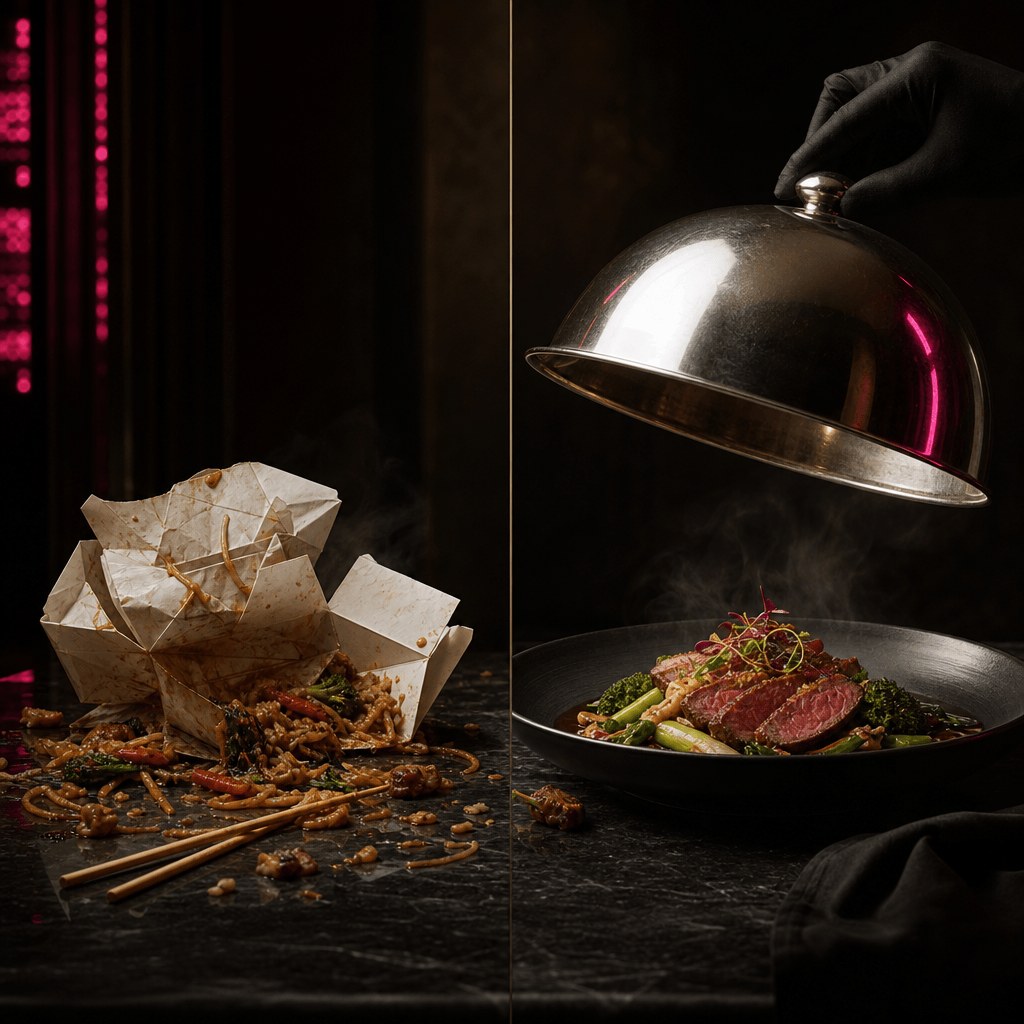 A visual comparison ad for meal delivery: a crushed takeaway box with scattered ingredients opposite a beautifully plate