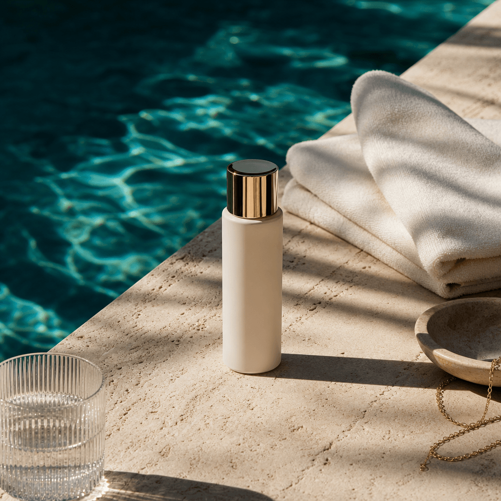 A premium skincare bottle on pale limestone at the edge of a deep turquoise pool, sharp sunlight creating graphic shadow
