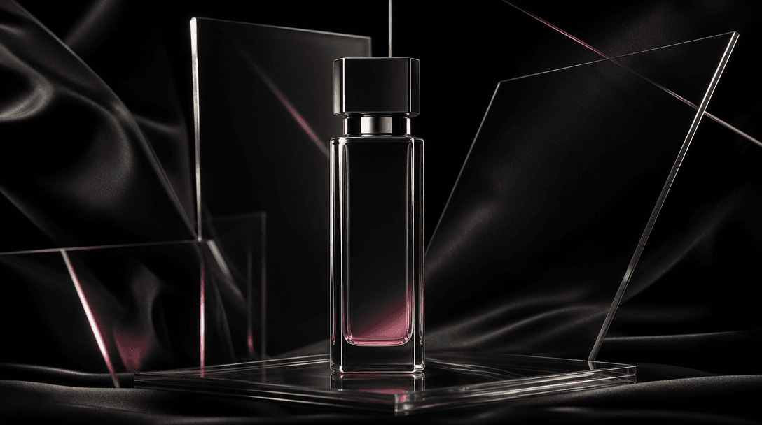 A clean cosmetic bottle silhouette isolated against layered sheets of clear glass and deep black fabric, precise rim lig