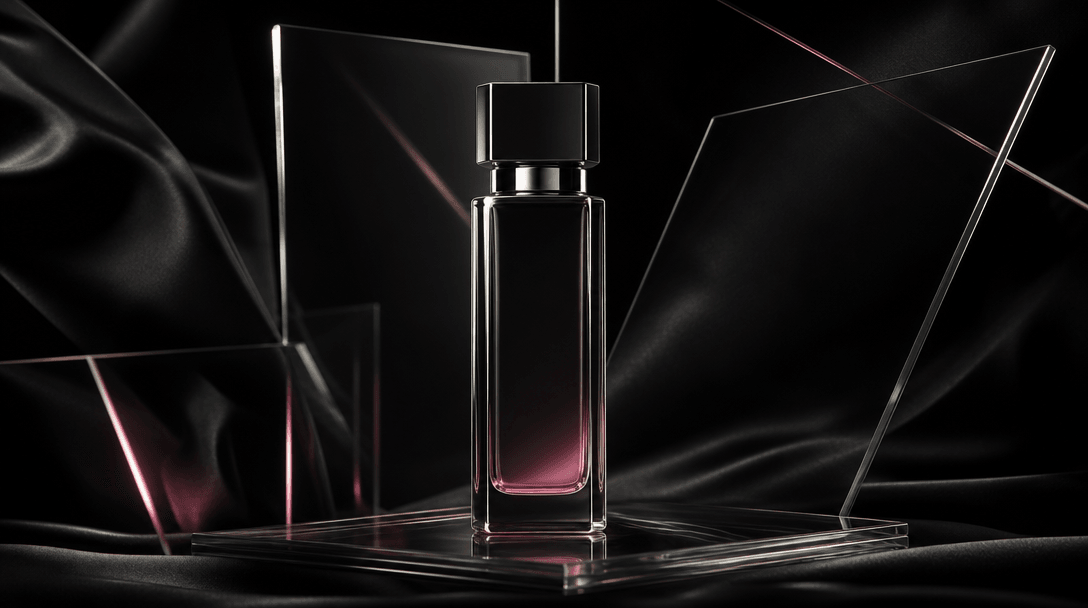 A clean cosmetic bottle silhouette isolated against layered sheets of clear glass and deep black fabric, precise rim lig