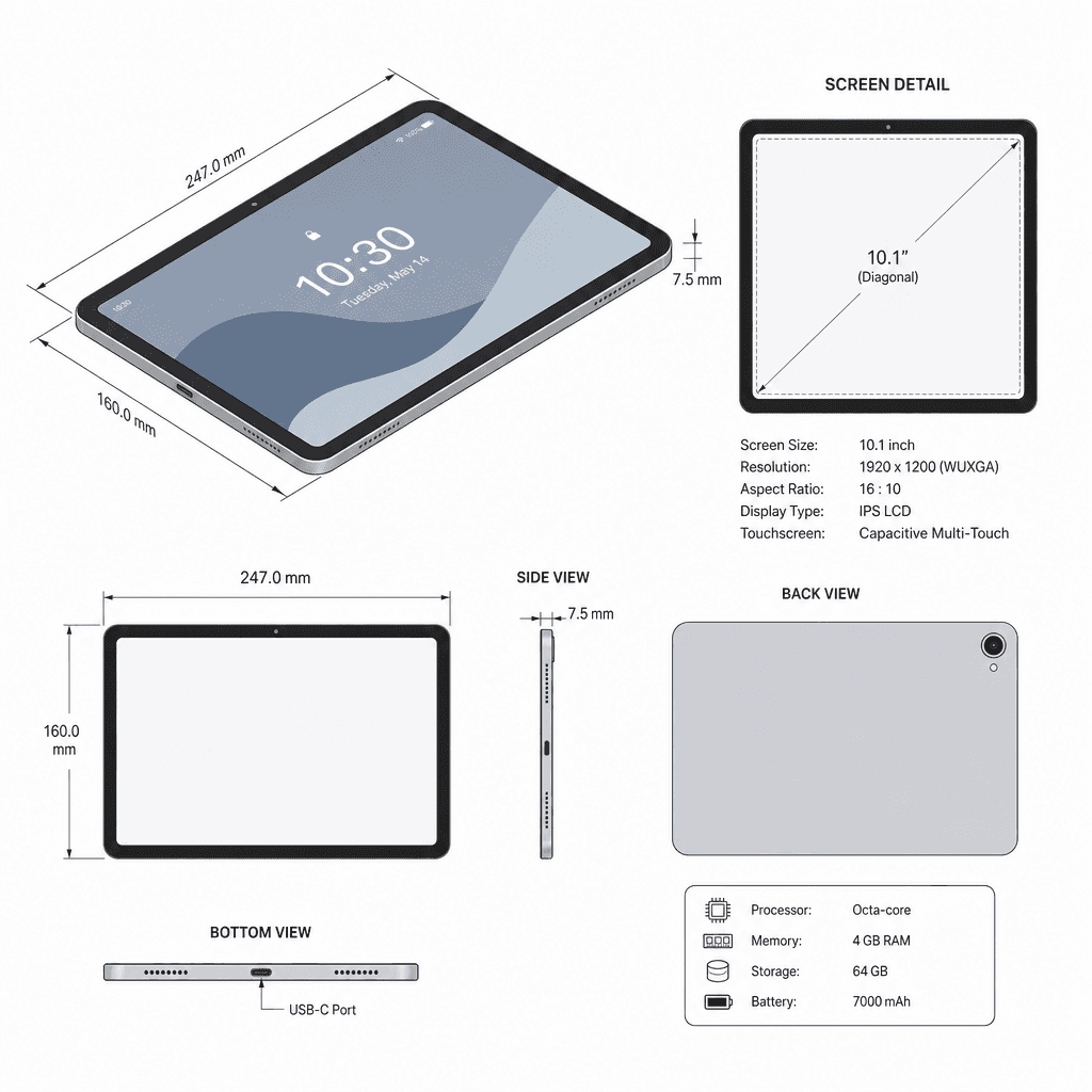 Isometric technical drawing of tablet device showing screen detail and dimensions in minimal geometric style