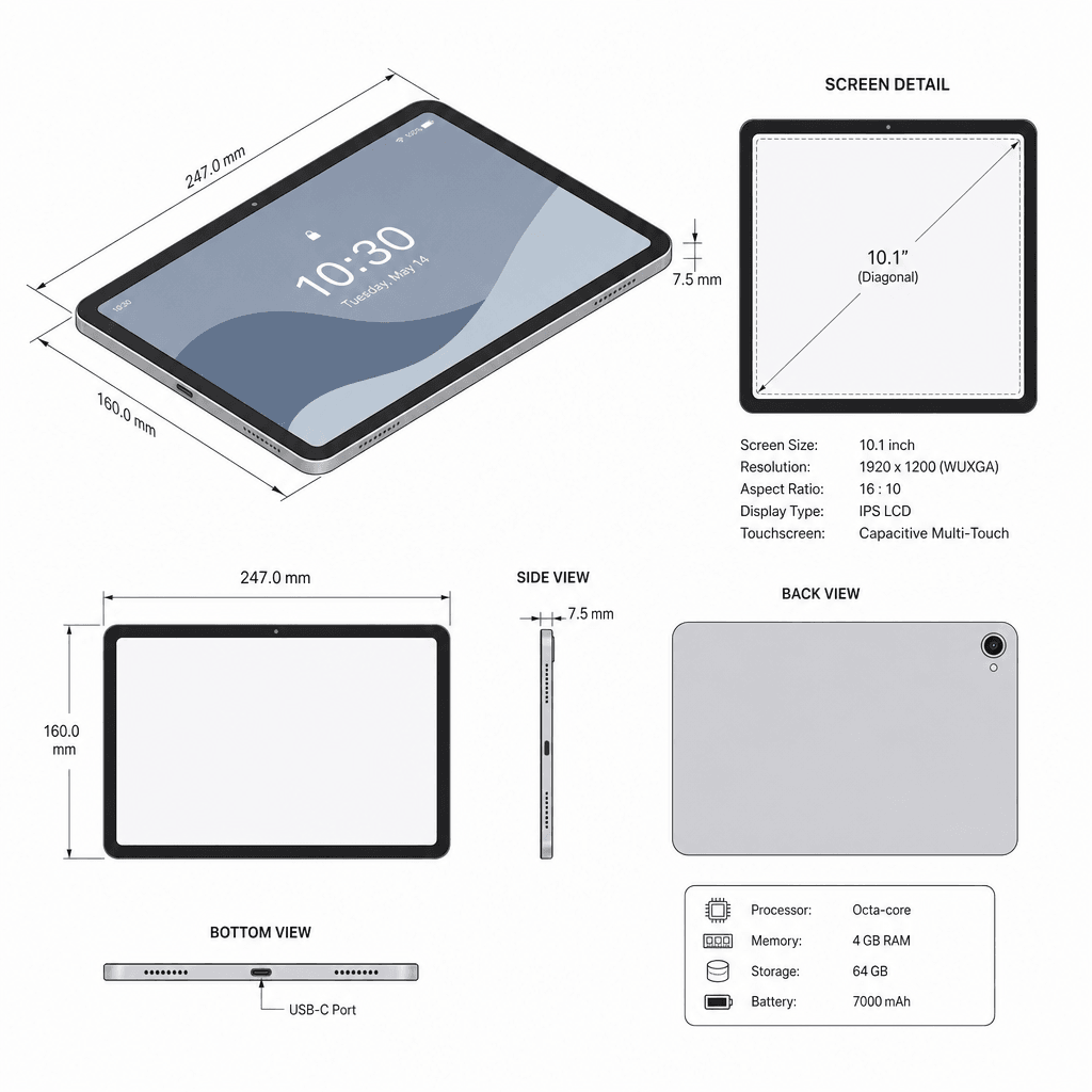Isometric technical drawing of tablet device showing screen detail and dimensions in minimal geometric style
