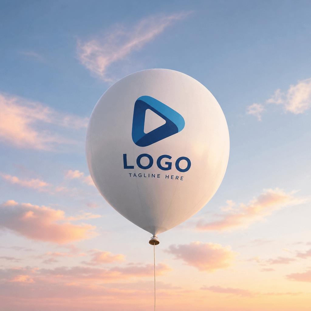 Logo balloon floating against soft pastel sky, animation freeze frame, professional video quality.