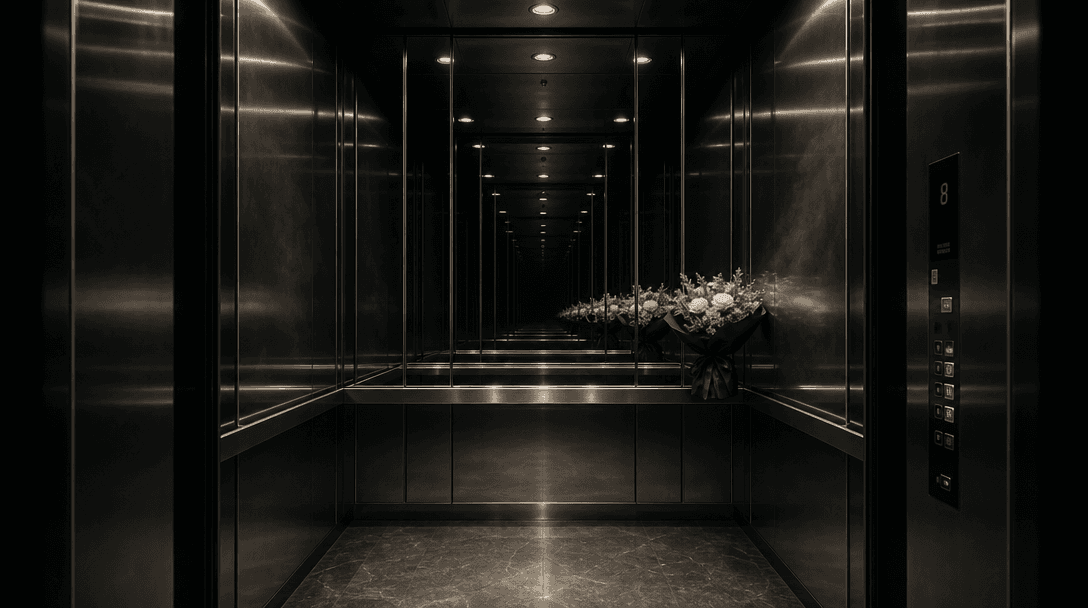 An empty brushed-steel elevator interior framed symmetrically, with realistic mirrored panels, slim architectural lines,