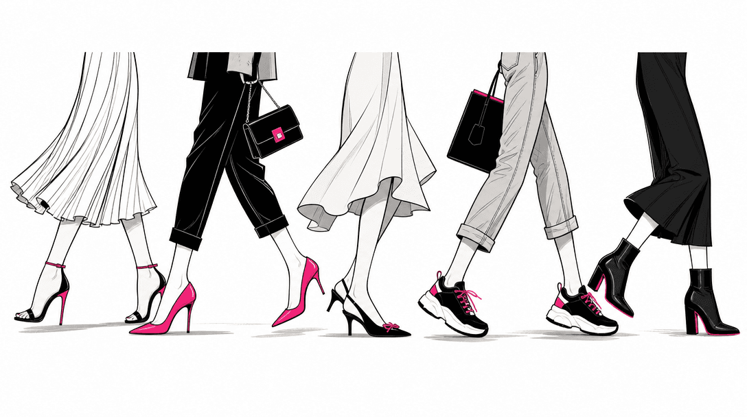 Stylized illustration of multiple shoe silhouettes in dynamic walking poses arranged horizontally, fashion illustration