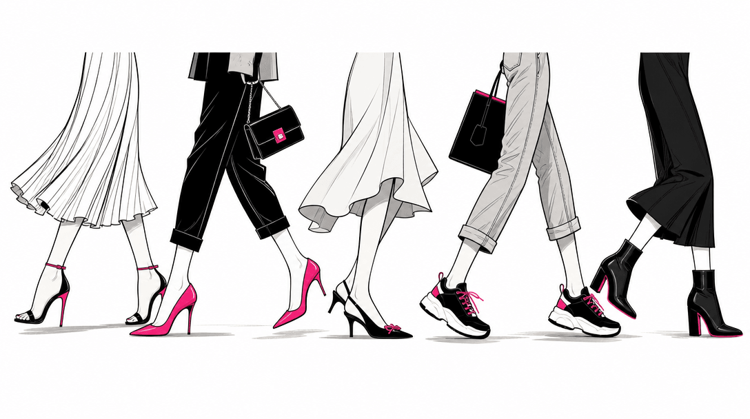 Stylized illustration of multiple shoe silhouettes in dynamic walking poses arranged horizontally, fashion illustration