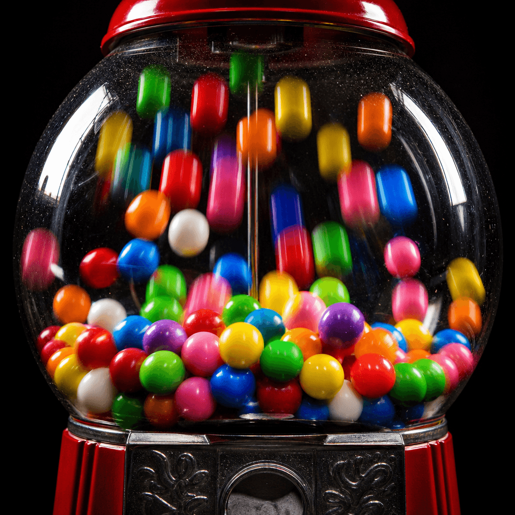 Colorful gumballs mid-fall inside a glass machine dome with motion blur effect. Bright saturated colors against dark bac