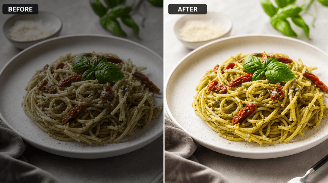 Food photography being enhanced with intelligent color correction and light enhancement, dish becoming vibrant and appet