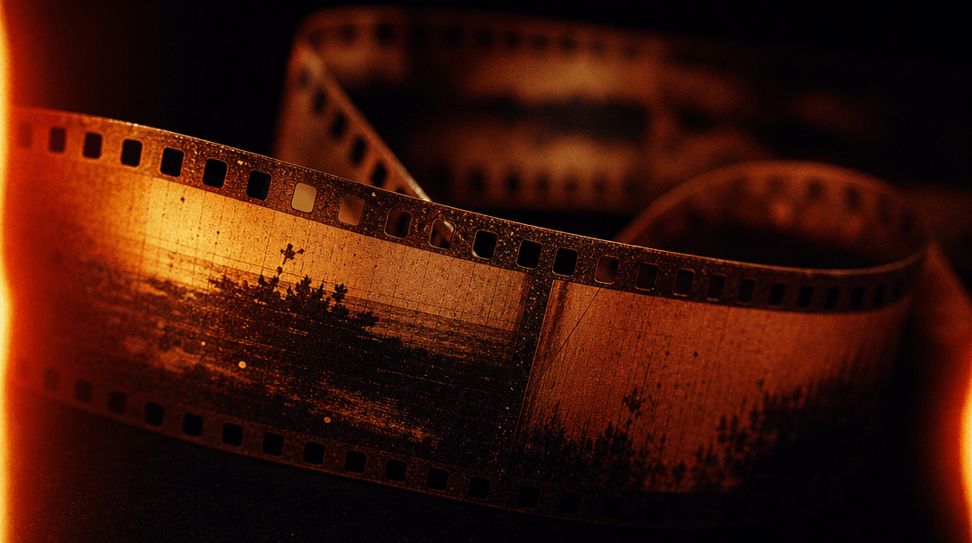 Abstract macro shot of analog film strip unspooling on a dark surface — warm amber and burnt-orange tones, visible grain