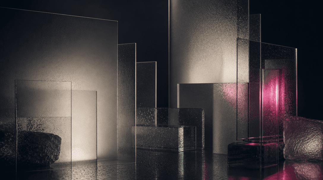 Overlapping sheets of frosted and clear glass arranged as an abstract architectural still life, realistic refraction, co