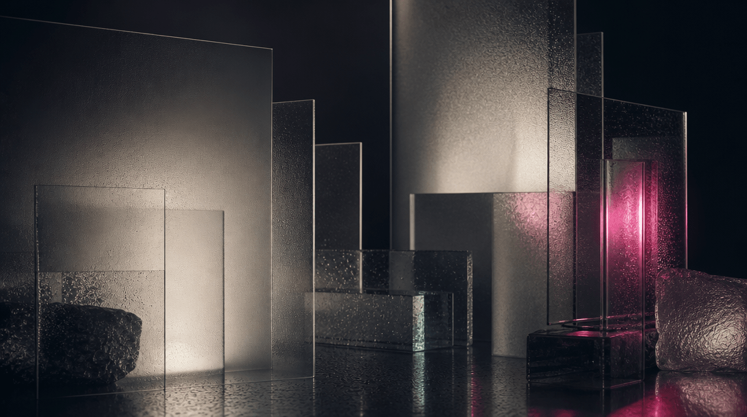 Overlapping sheets of frosted and clear glass arranged as an abstract architectural still life, realistic refraction, co